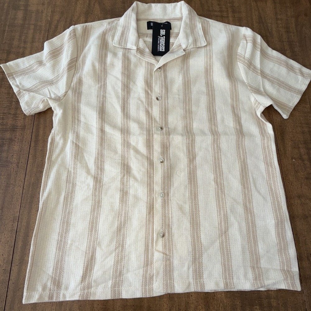 San Francisco Work‎ Shirts Striped Polo Knit Shirt Men Medium Beige Retro Beach